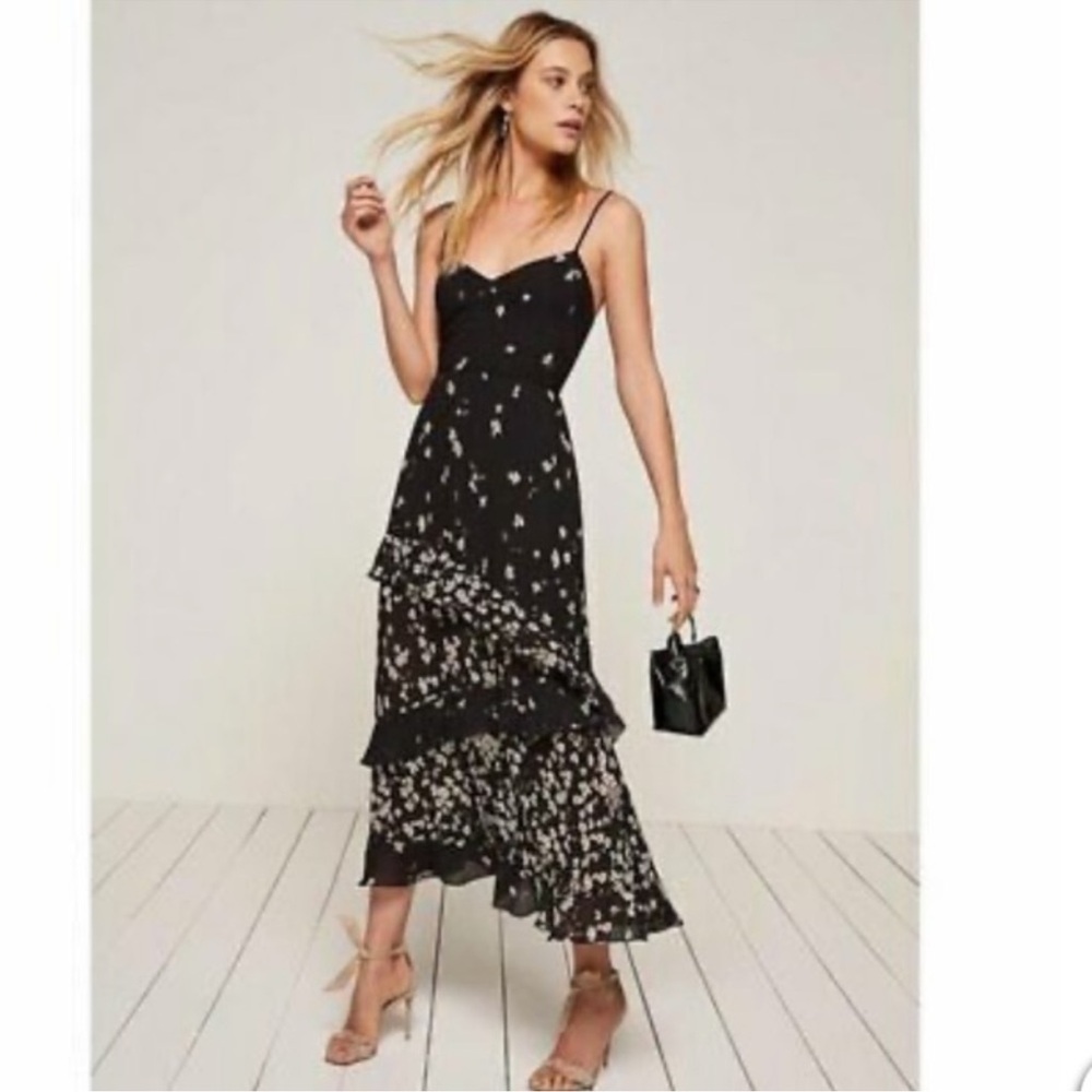 Reformation Sasha Women's Floral Tiered Long Tank Dress Black V-Neck Size 6